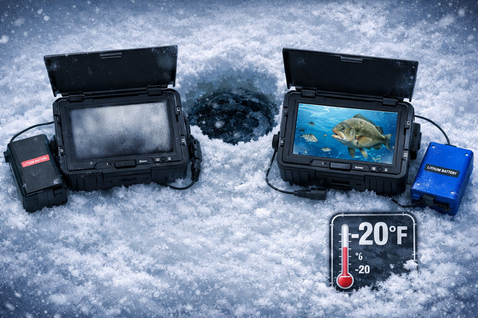 Detailed () showing a close-up overhead shot of two underwater fishing cameras side by side on a snow-covered ice surface,