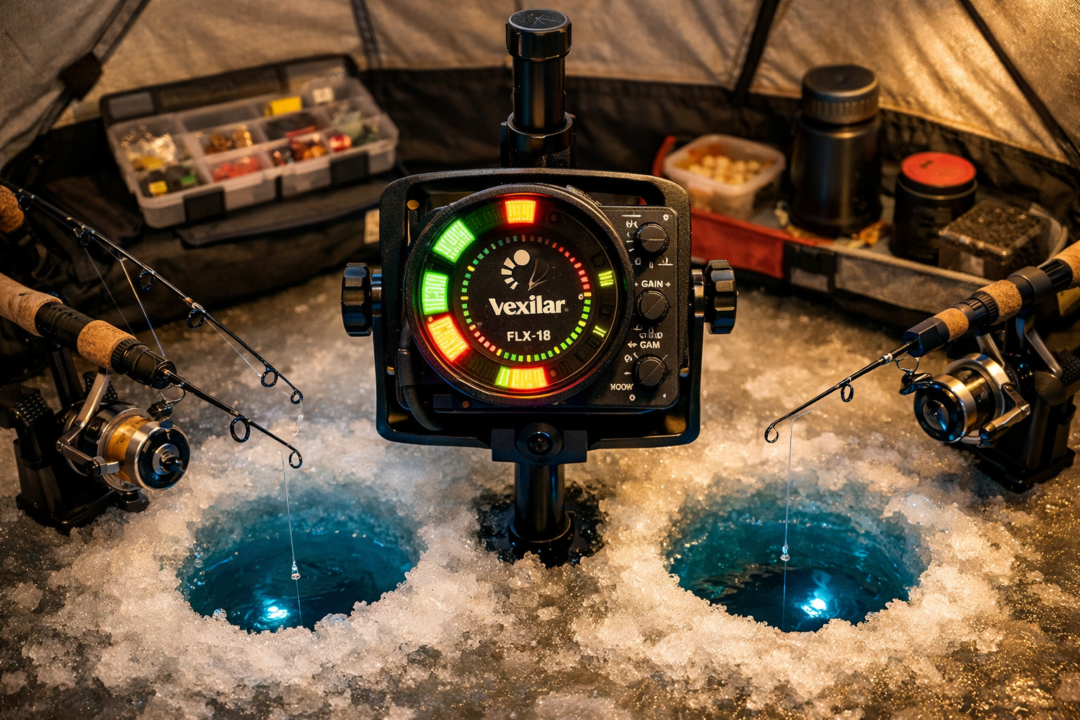 Detailed () showing a close-up overhead view inside a large ice fishing hub shelter with multiple holes drilled in the ice