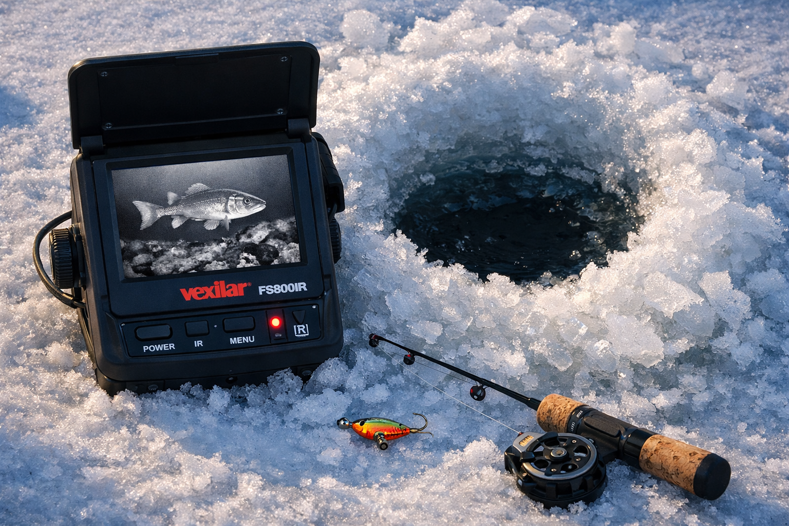 Detailed () showing a close-up overhead view of a Vexilar FS800IR camera unit sitting on packed snow beside a freshly