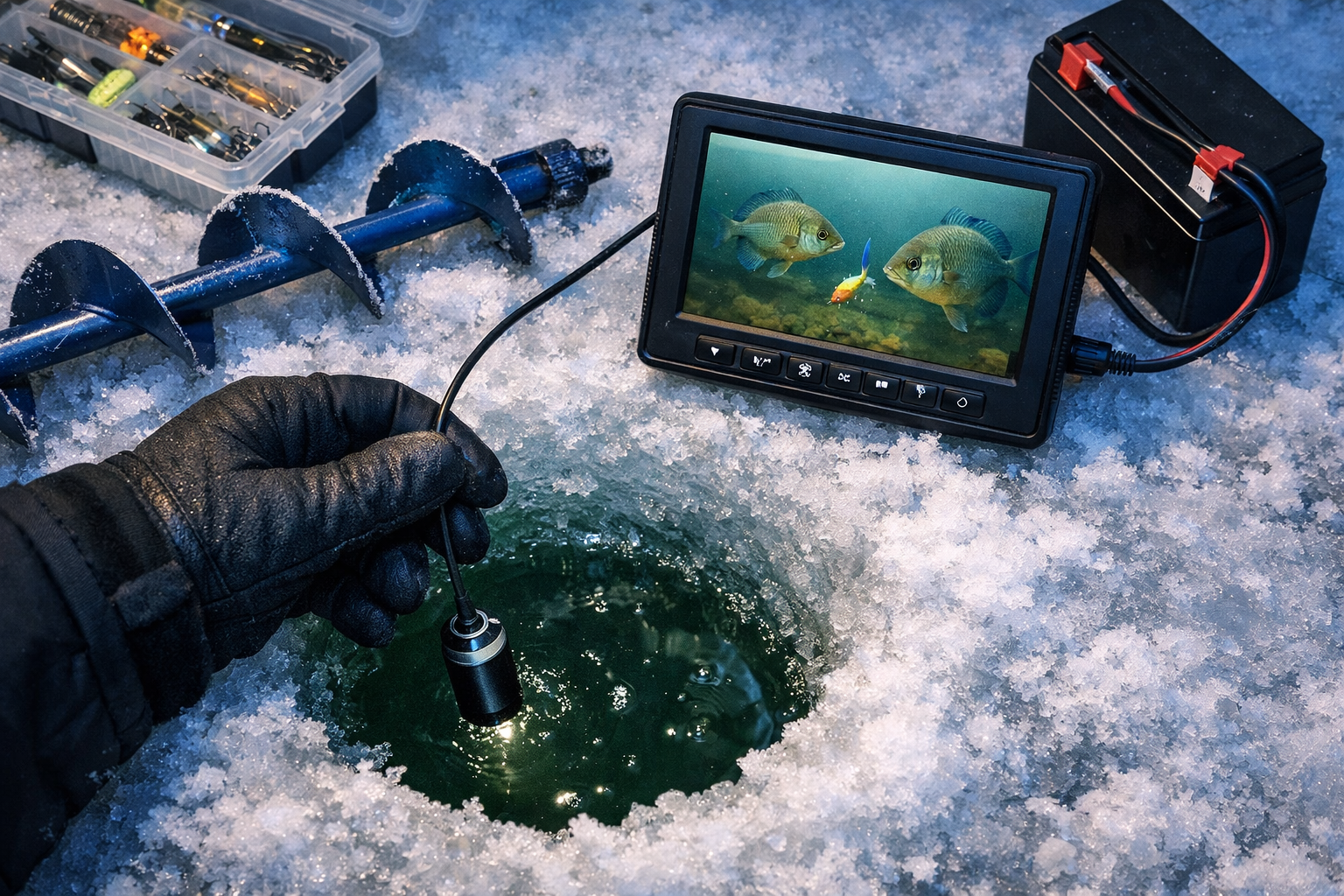 Detailed () showing a close-up overhead view of an ice fishing hole with a wired underwater camera being lowered into dark