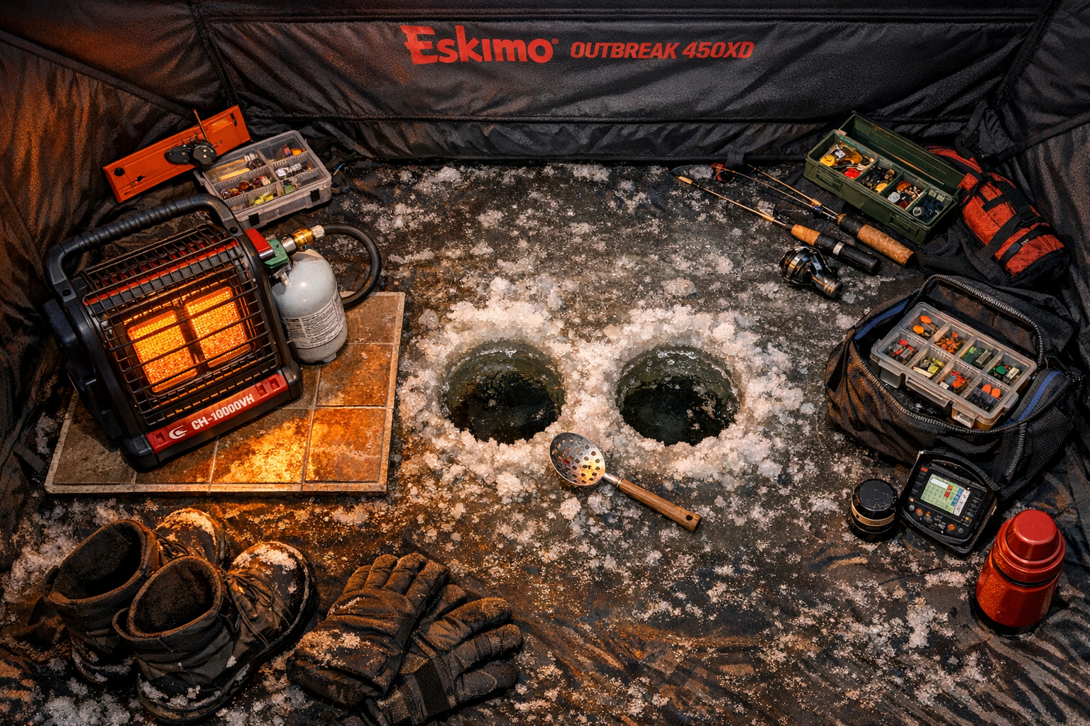 Detailed () showing a close-up overhead view of the Eskimo Outbreak 450XD shelter floor layout from above, with two ice