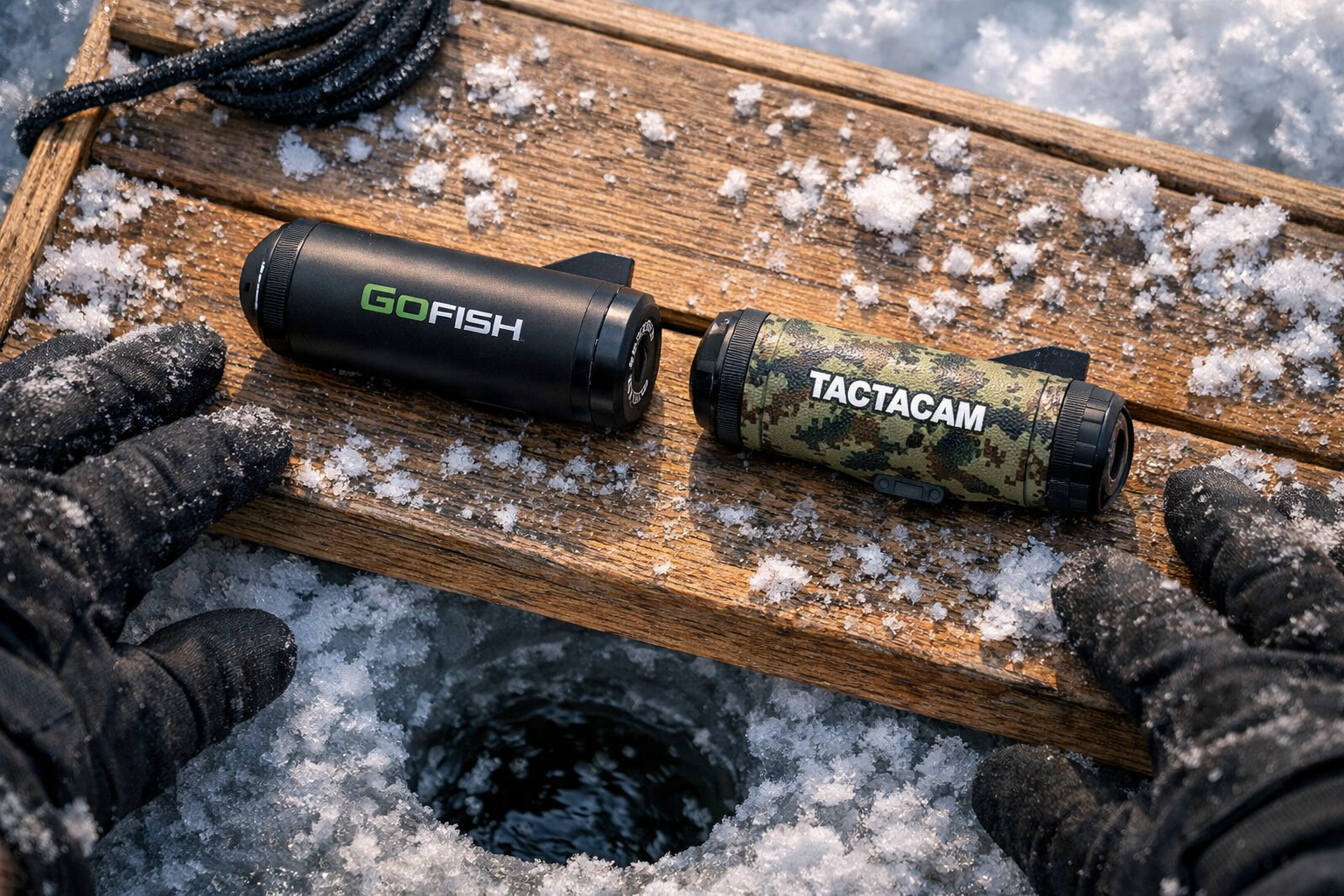 Detailed () showing a close-up overhead view of two wireless underwater cameras placed side by side on a wooden ice fishing