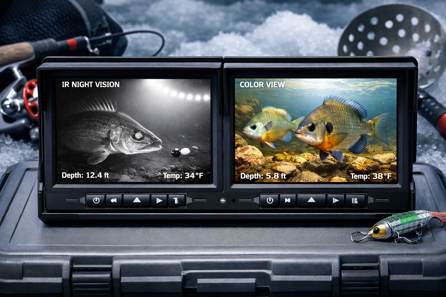 Detailed () showing a close-up split-view comparison of two underwater fishing camera screens side by side on a portable
