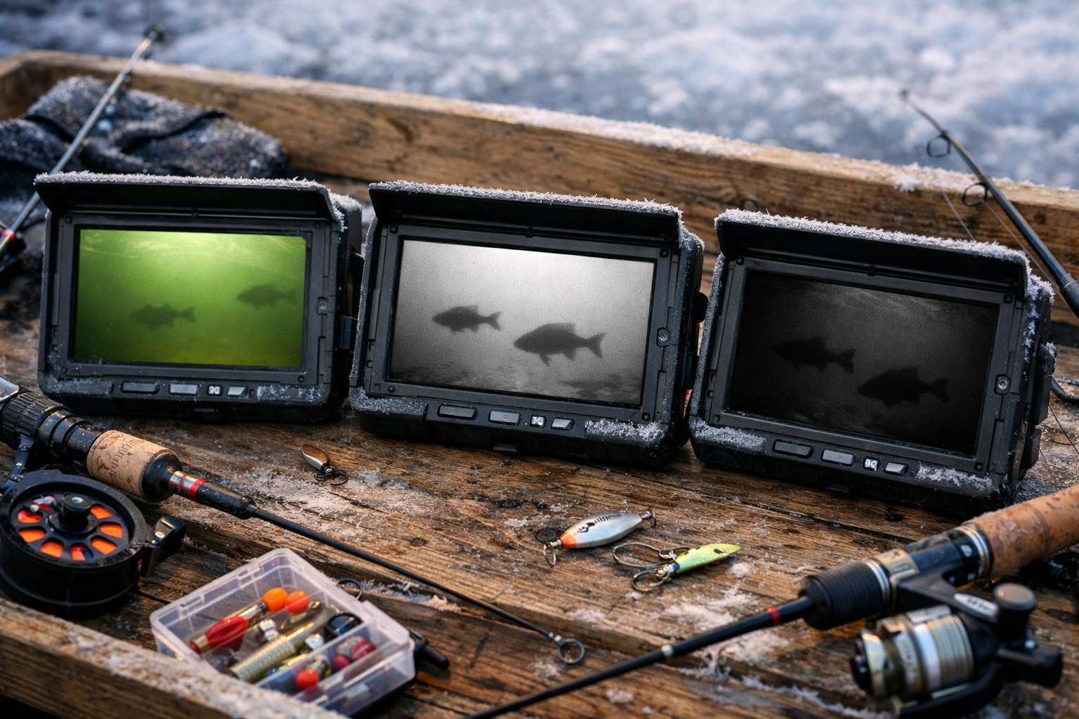 Detailed () showing a close-up top-down view of three portable underwater fishing camera monitors displaying different murky