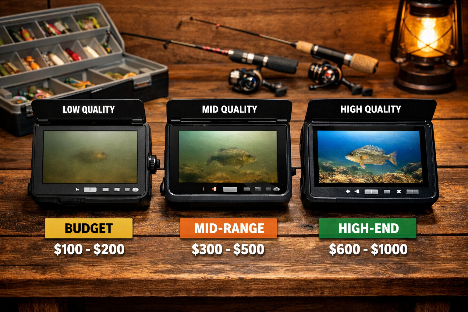 Detailed () showing a comparison layout on a wooden ice shelter table with three underwater fishing cameras side by side,