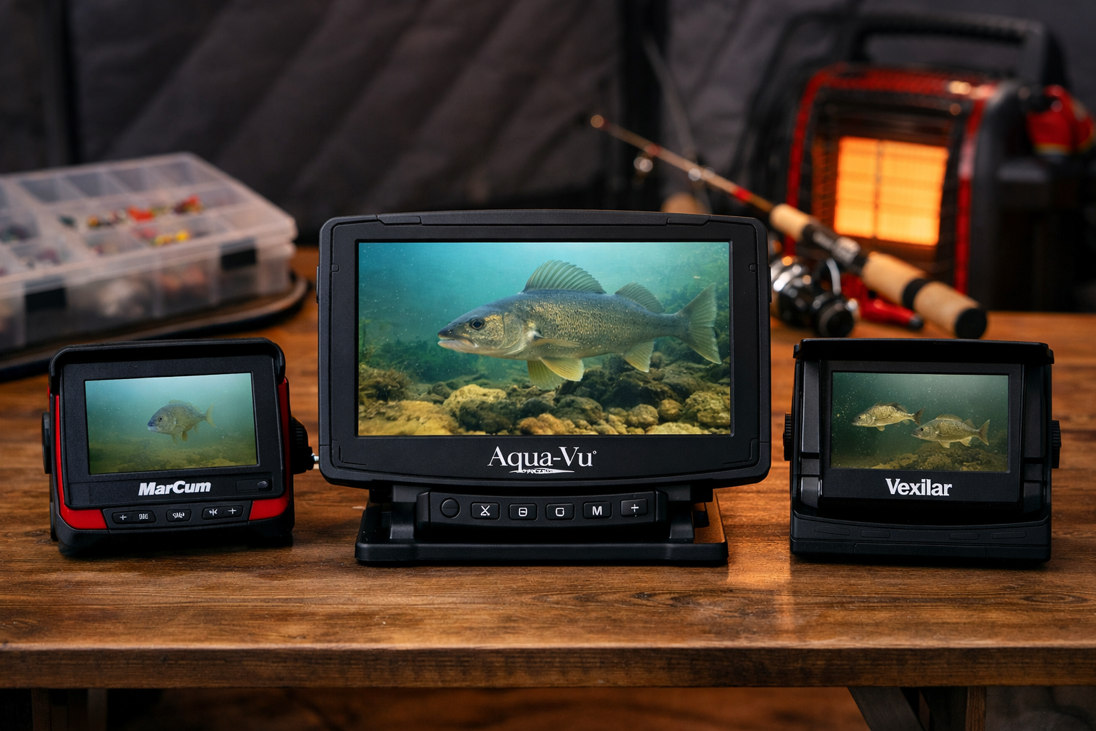 Detailed () showing a comparison scene on an ice fishing shelter table: three underwater fishing cameras side by side, the