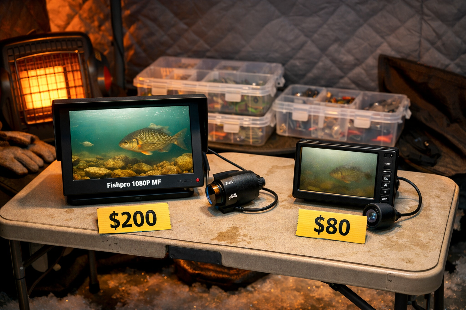 Detailed () showing a comparison setup on a folding table inside an ice fishing shelter: Fishpro 1080P MF camera and monitor