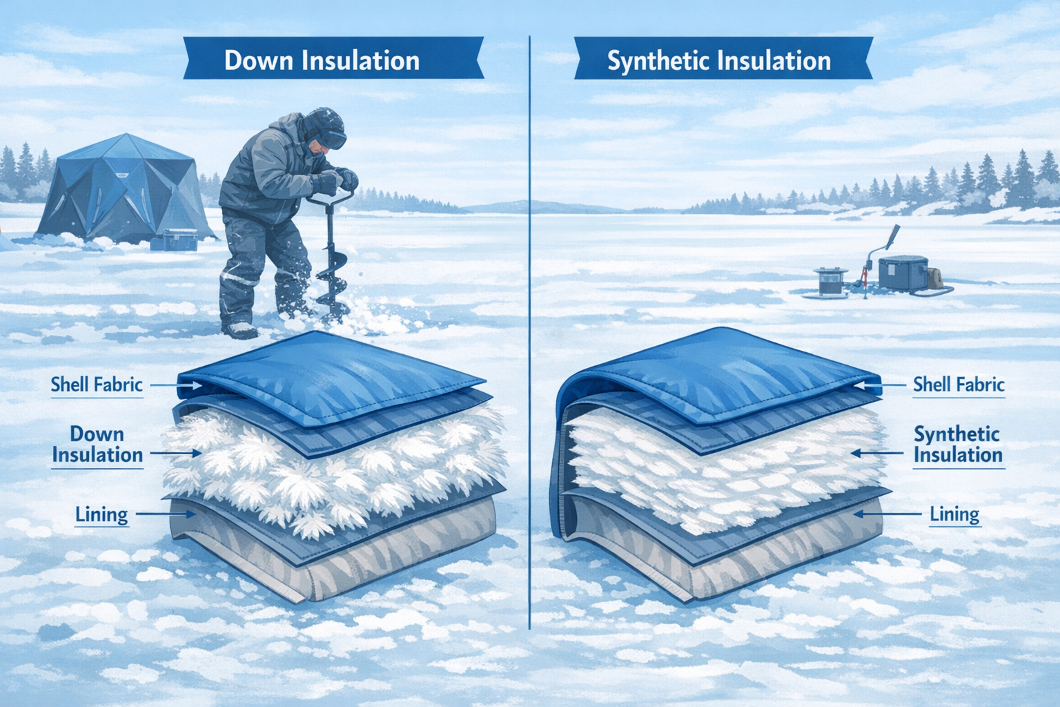 Detailed () showing a cross-section style infographic illustration of jacket insulation layers including down fill and