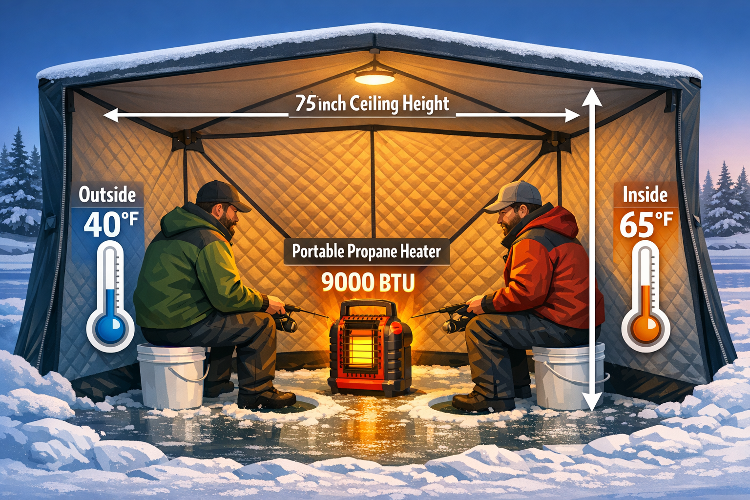 Detailed () showing a cutaway cross-section illustration of a large ice fishing hub shelter interior with labeled arrows