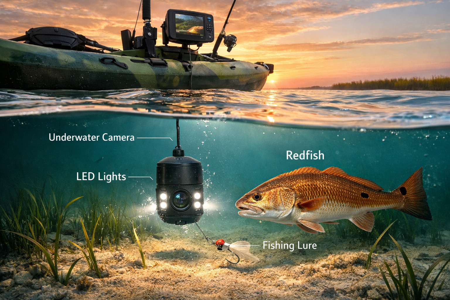 Detailed () showing a detailed infographic-style scene of an underwater fishing camera deployed beneath a kayak in shallow