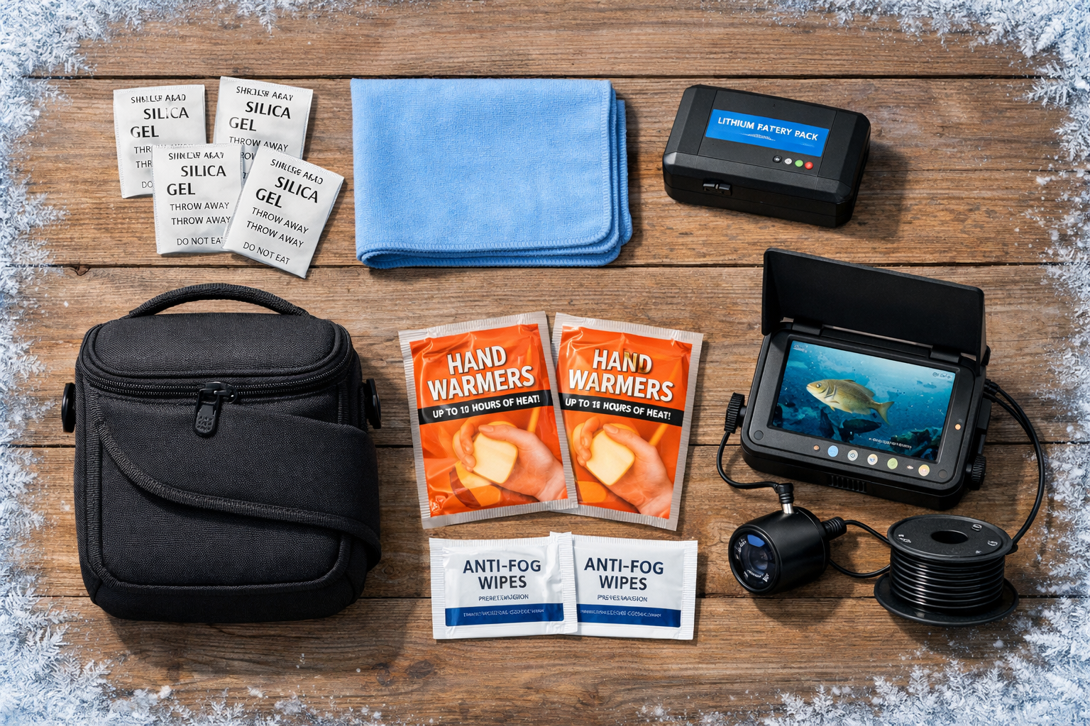 Detailed () showing a flat lay arrangement on a wooden table of ice fishing camera maintenance items: silica gel packets,