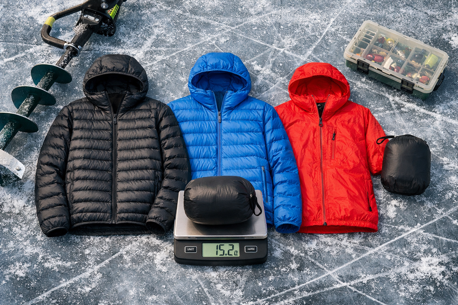 Detailed () showing a flat lay comparison of three ultralight packable jackets on a frozen lake surface next to an ice auger