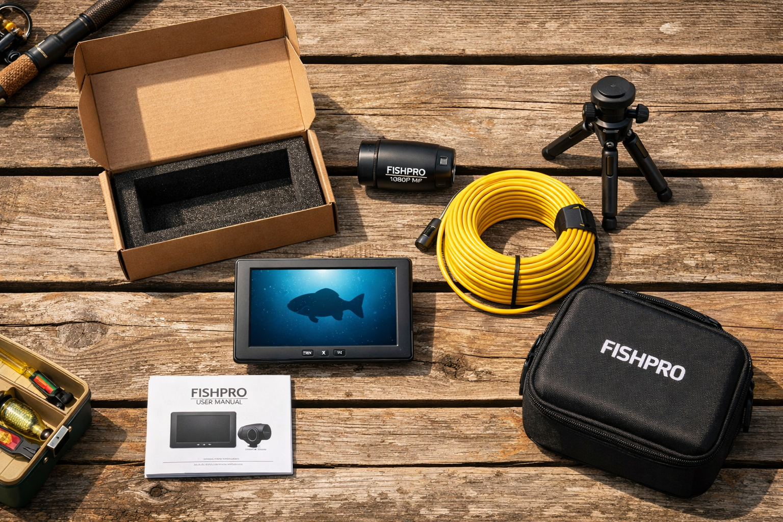 Detailed () showing a flat-lay unboxing scene on a weathered wooden dock: Fishpro 1080P MF camera unit removed from its box,