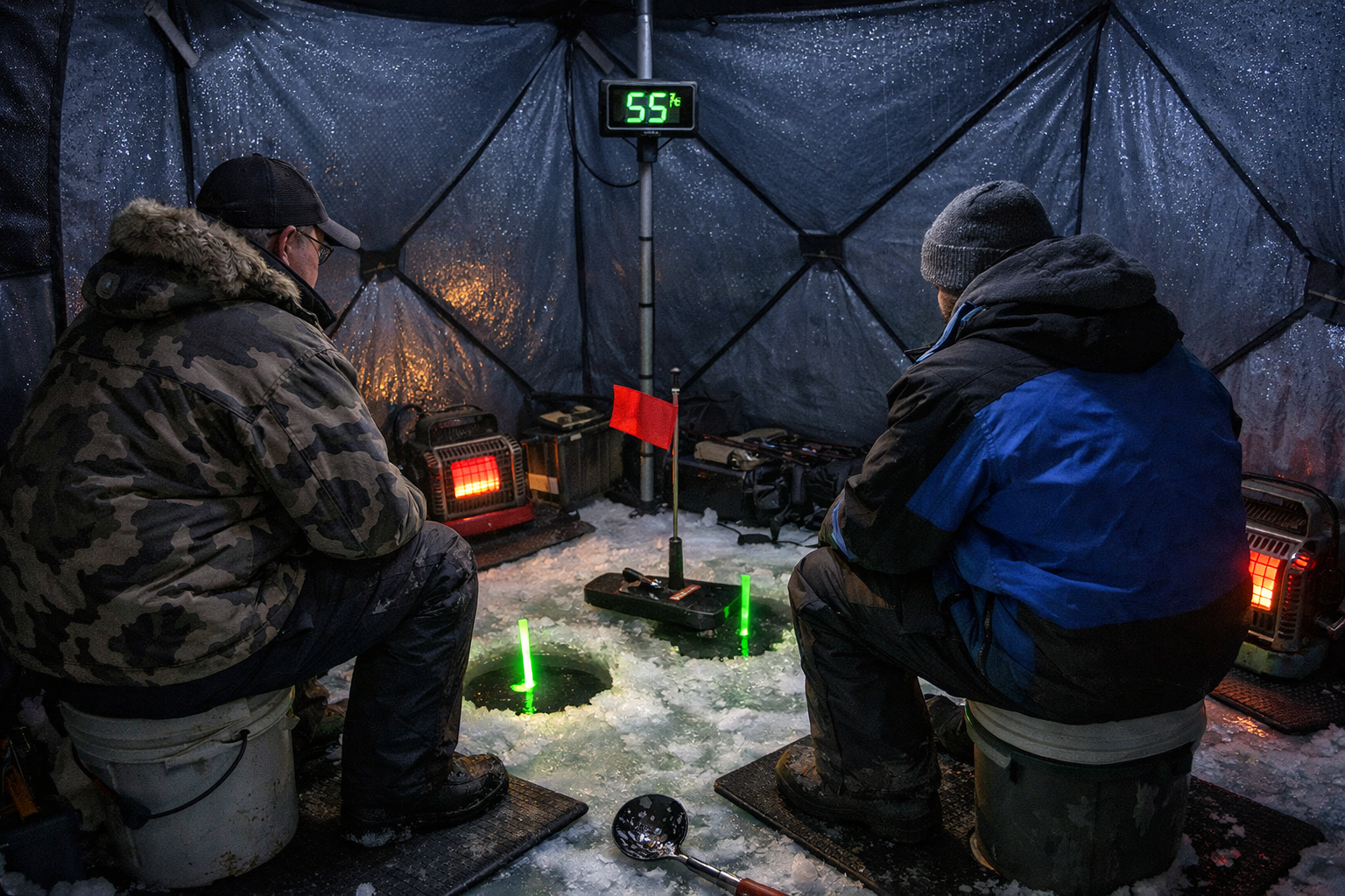 Detailed () showing a nighttime ice fishing scene inside a spacious pop-up shelter with two anglers in winter gear sitting