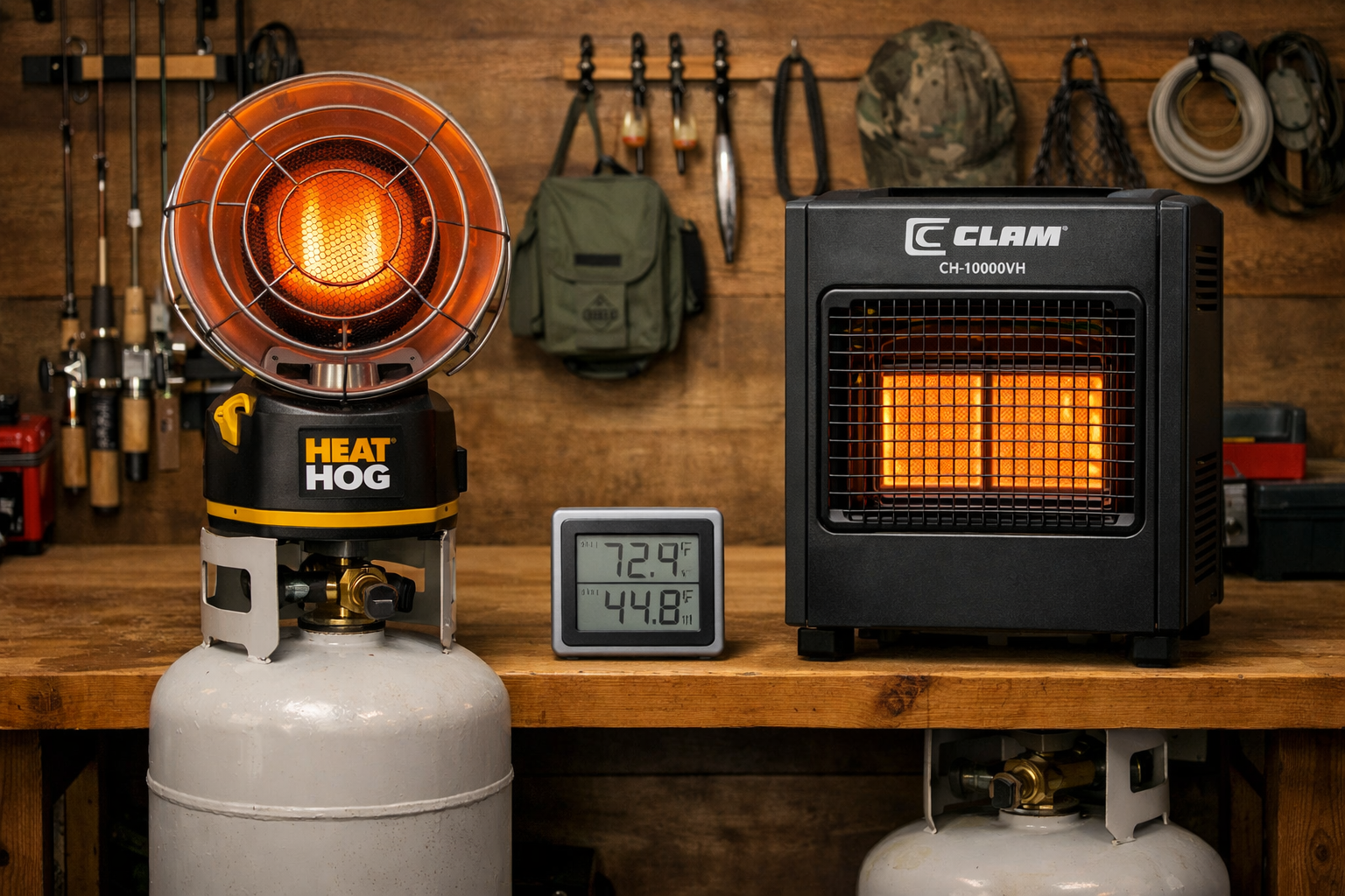 Detailed () showing a side-by-side comparison scene of two portable propane heaters on a workbench in a garage setting. Left