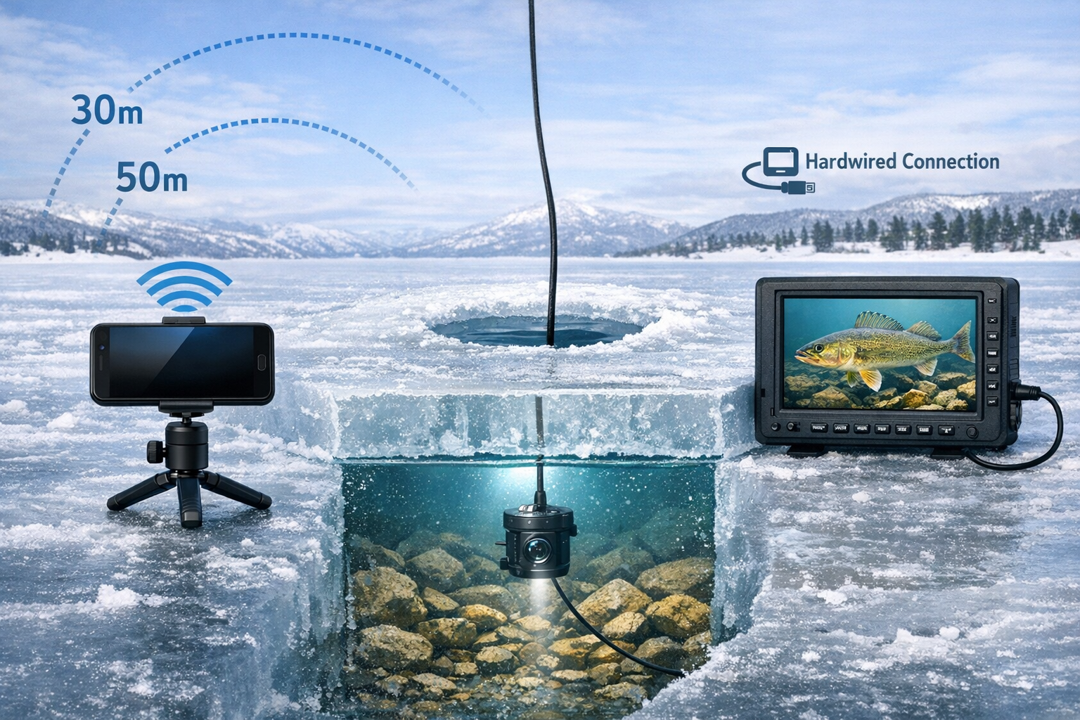 Detailed () showing a side-by-side comparison scene on a frozen lake. Left side shows a smartphone mounted on a small tripod