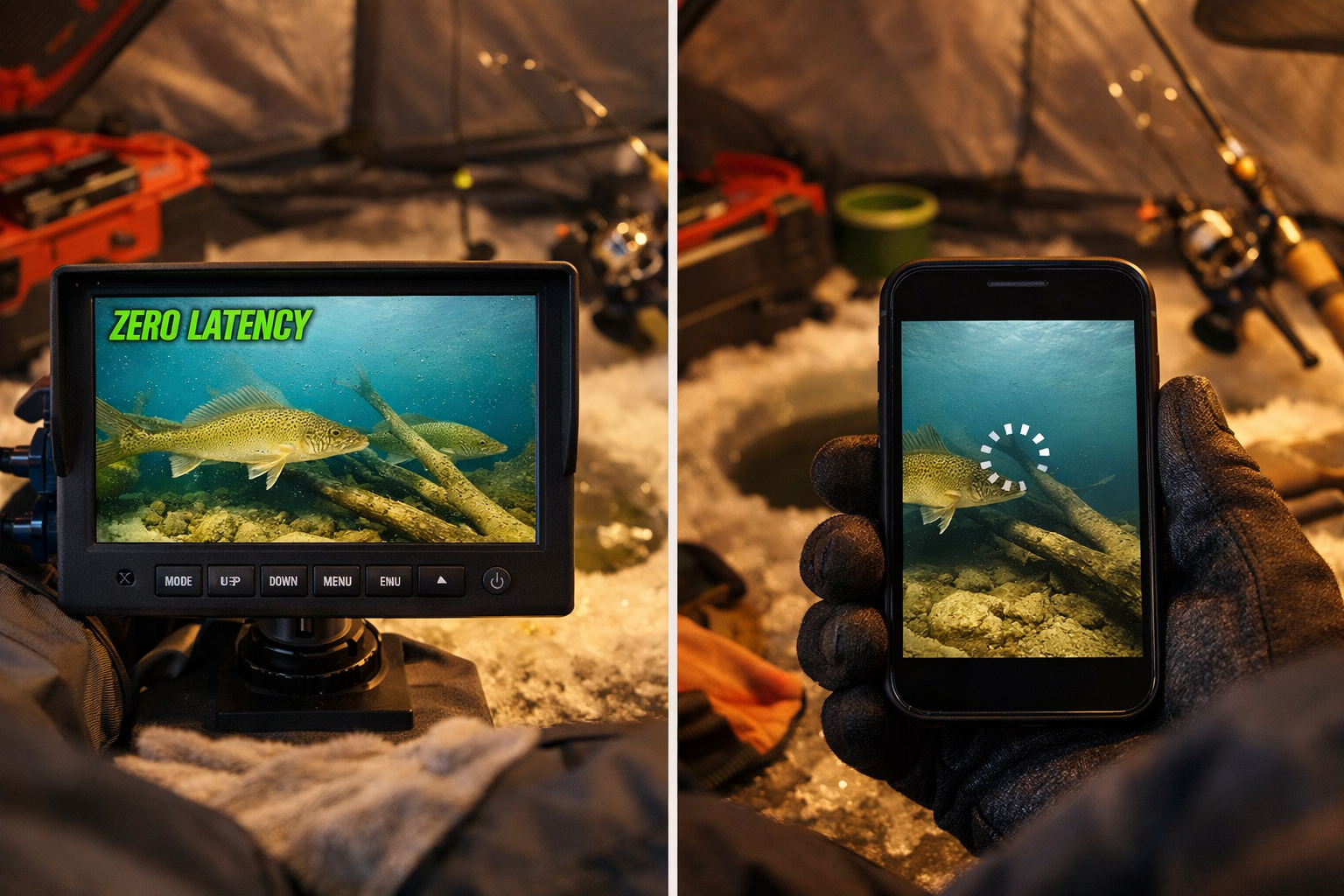 Detailed () showing a split-screen style composition, left half displays a crisp clear underwater camera feed on a dedicated