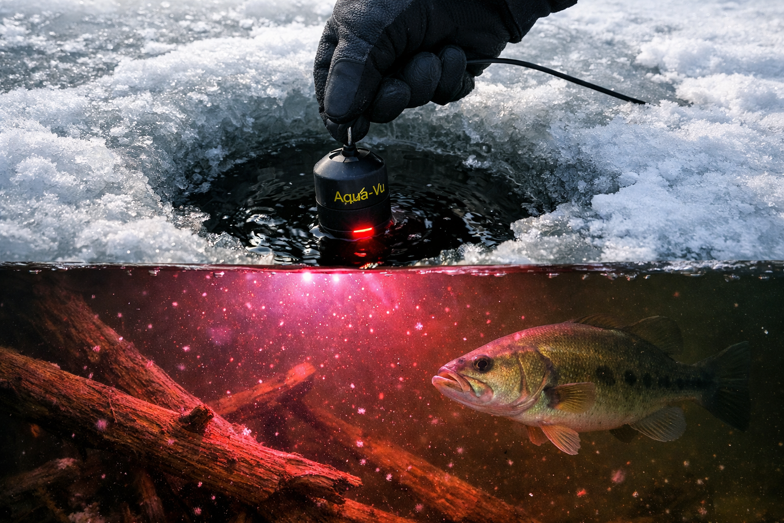 Detailed () showing a split-view composition: the top half depicts a gloved angler hand lowering the Aqua-Vu camera pod into