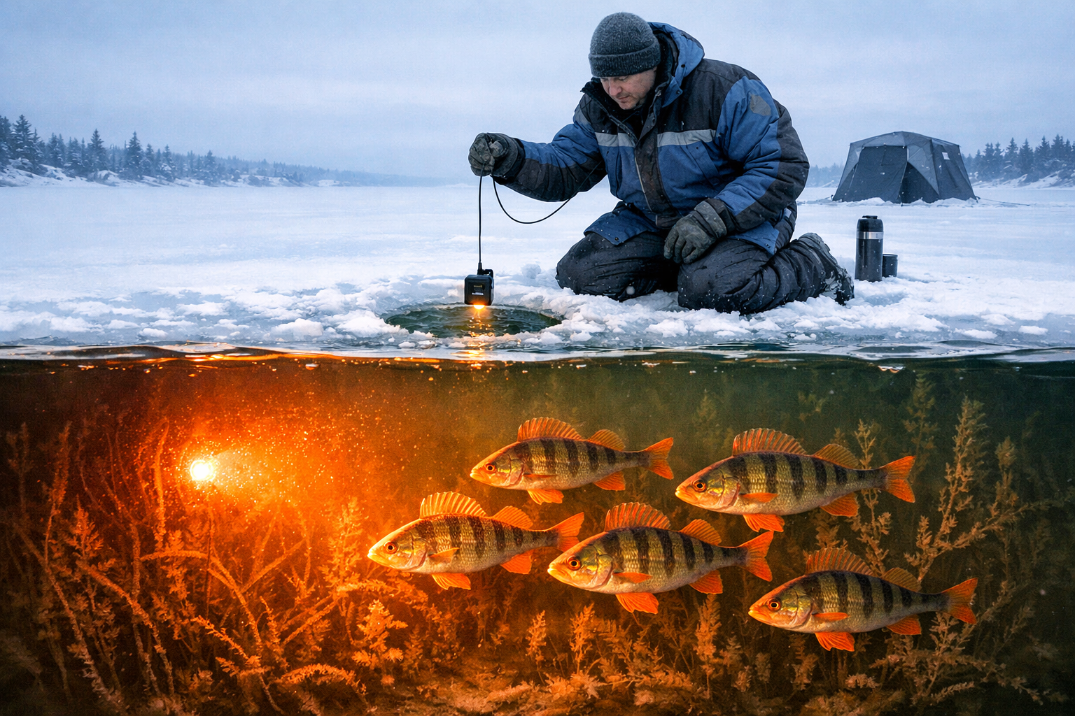 Detailed () showing a split-view underwater and above-ice scene, the top half depicting an angler in winter gear kneeling