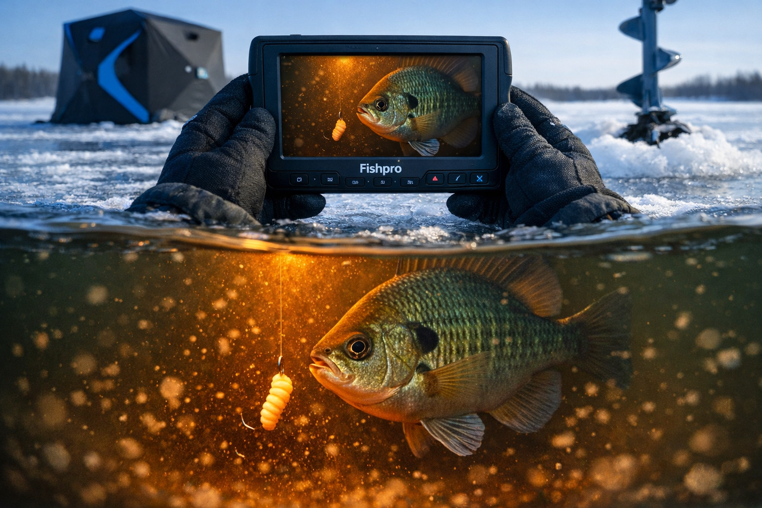 Detailed () showing a split-view underwater and above-water scene: the bottom half shows the Fishpro camera lens perspective