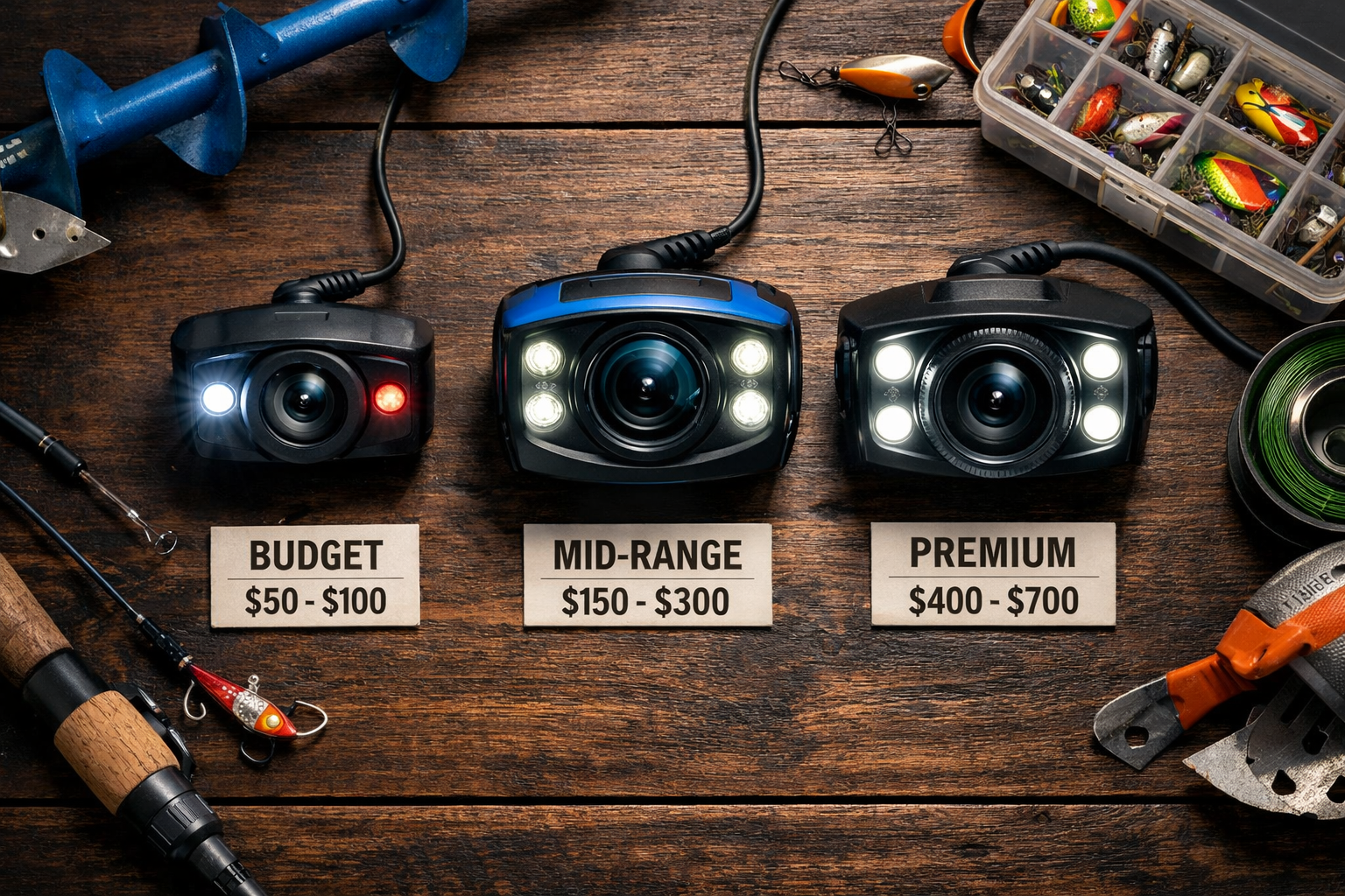 Detailed () showing a top-down flat lay arrangement on a dark wooden surface of three different underwater ice fishing