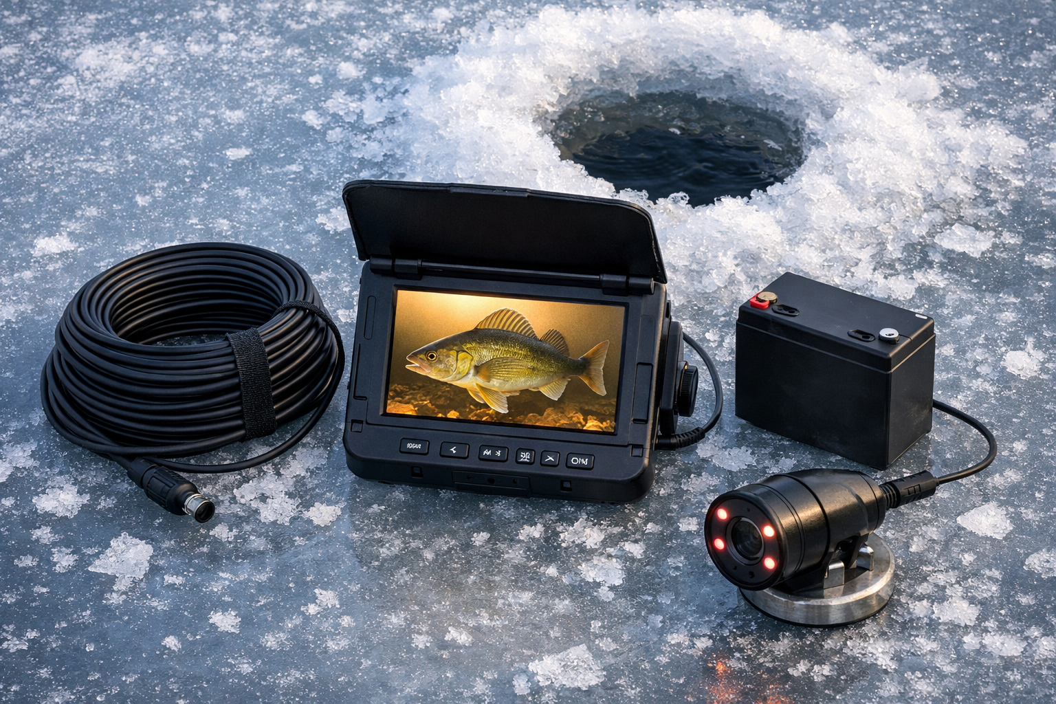 Detailed () showing a top-down flat-lay arrangement on a frozen lake surface: the Aqua-Vu HD7i-125 camera unit with its