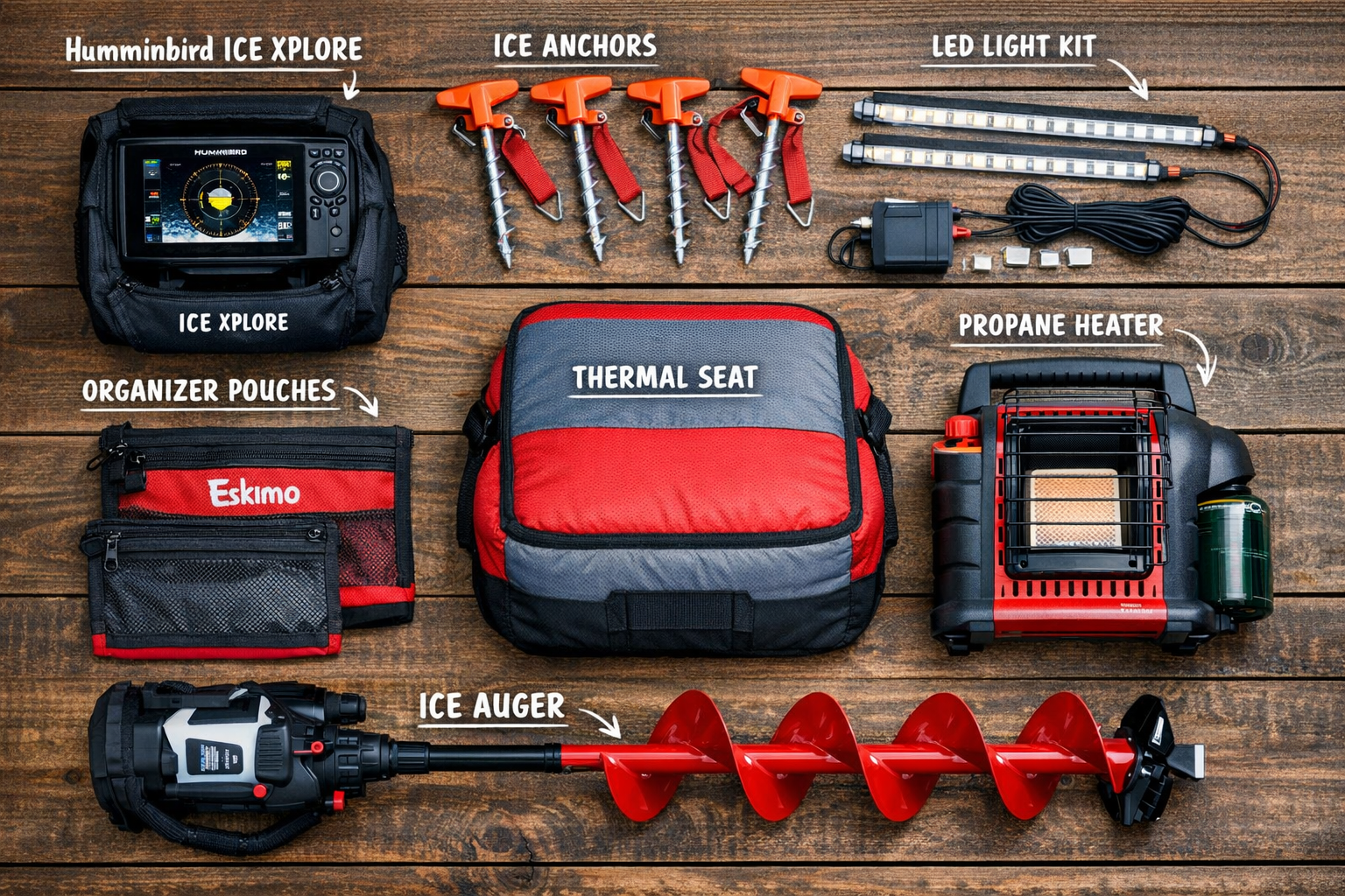Detailed () showing a top-down flat lay arrangement on a wooden table of ice fishing gear and accessories compatible with