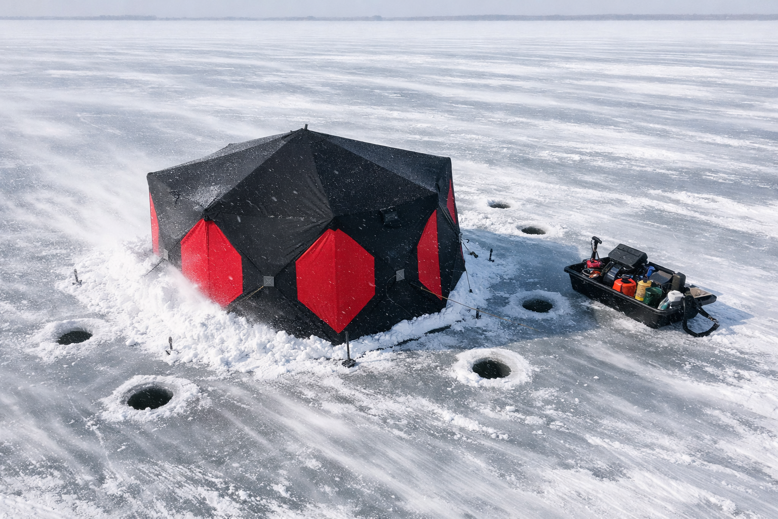 Detailed () showing a wide-angle overhead drone-style view of a pentagonal ice fishing hub shelter anchored on a windswept