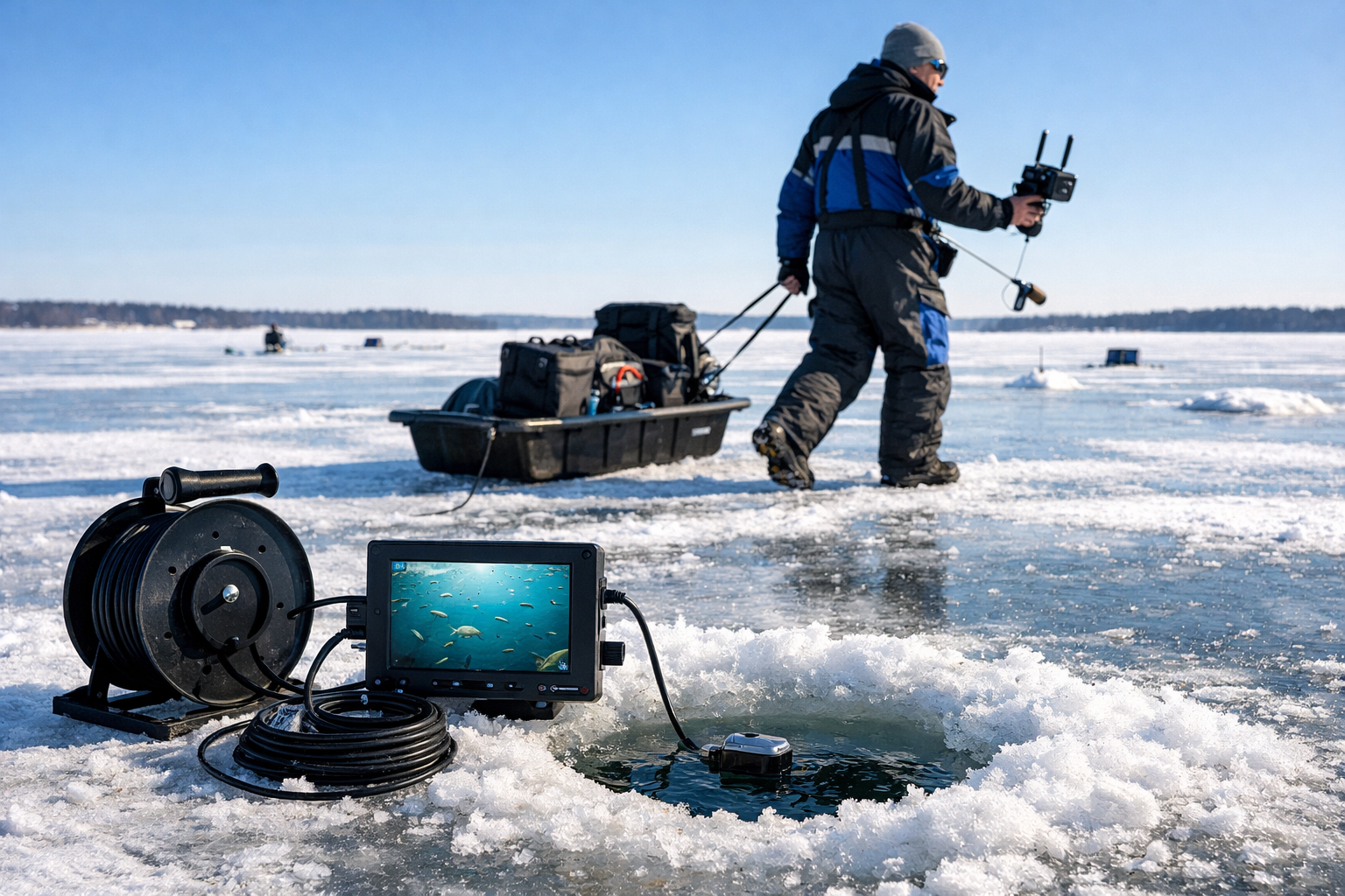 Detailed () showing a wide shot of a mobile ice angler walking between multiple ice holes on a vast frozen lake, carrying a