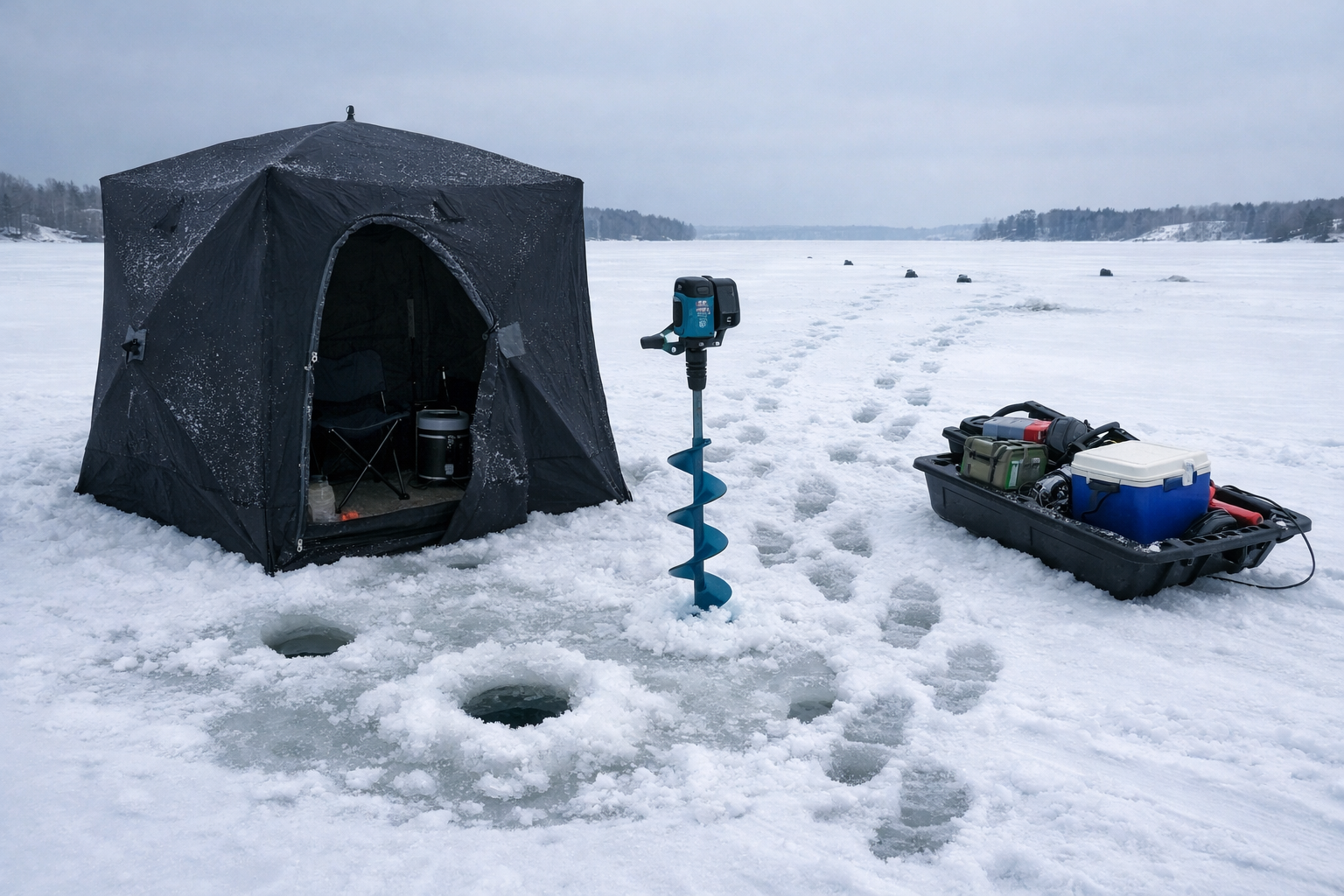 Detailed () showing a wide shot of an ice fishing setup on a frozen lake, a dark insulated pop-up shelter with its door open