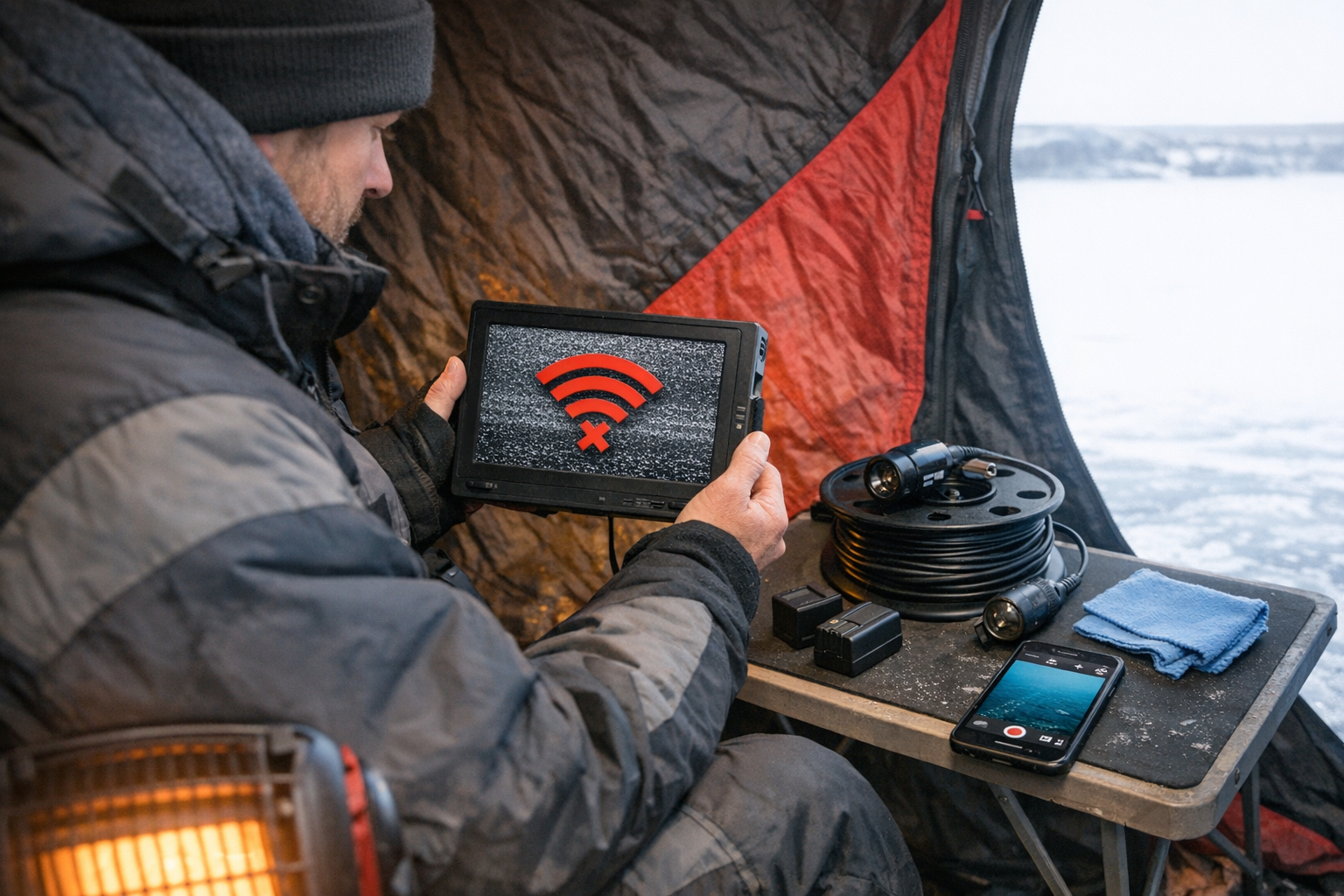Detailed () showing an angler inside a pop-up ice shelter troubleshooting a wireless underwater camera system. The angler