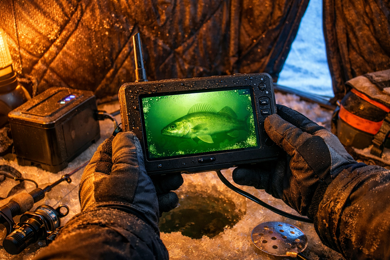 Detailed () showing an angler's gloved hands holding a wireless underwater camera controller inside a portable ice fishing