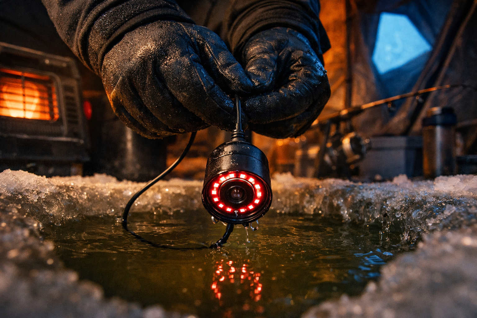 Detailed () showing an angler's gloved hands lowering a small underwater camera with visible infrared LED ring into a dark