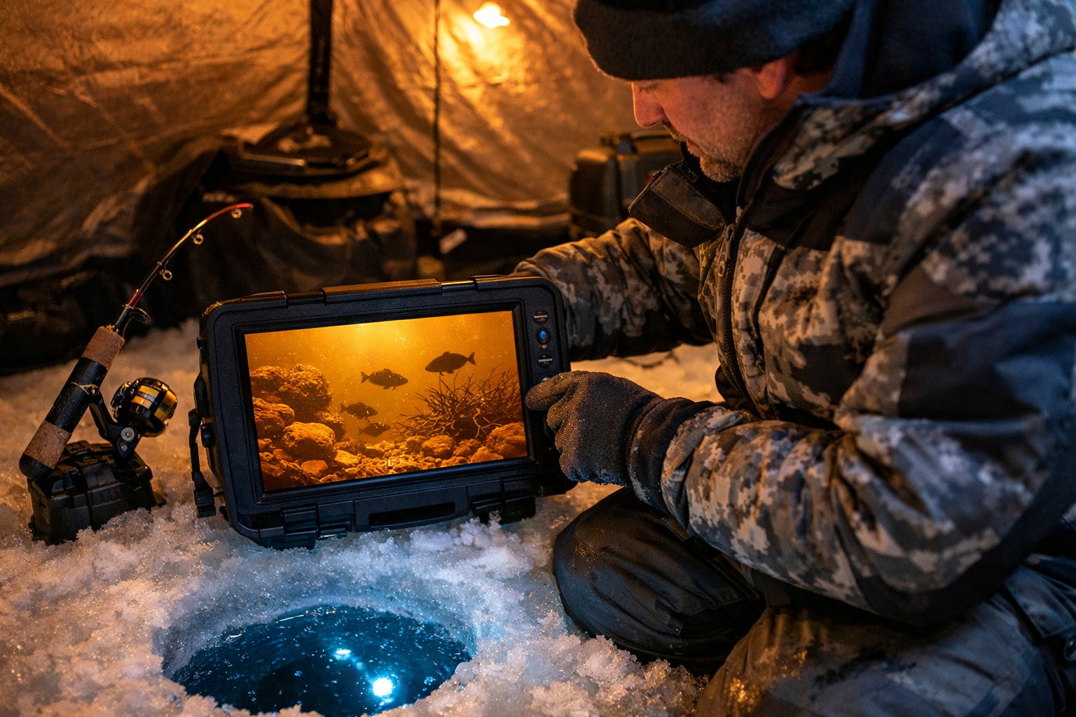 Detailed () showing an ice angler inside a portable ice shelter kneeling beside an ice hole, adjusting an underwater camera