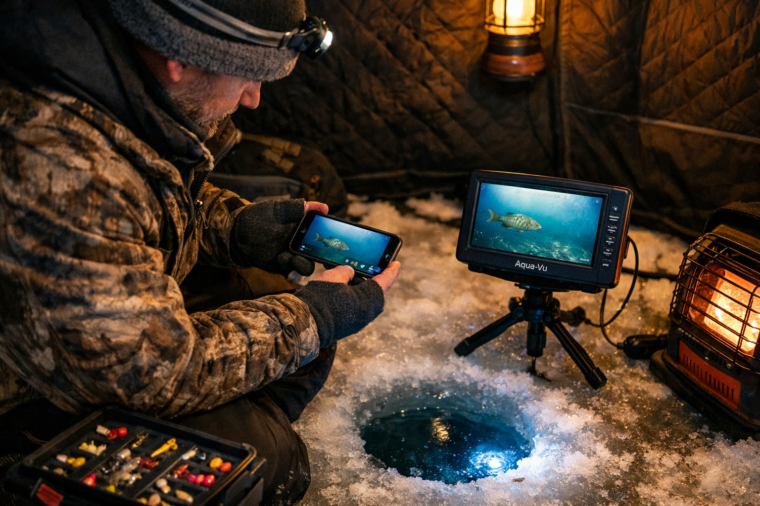 Detailed () showing an ice angler inside a portable shelter kneeling beside an ice hole, holding a phone displaying