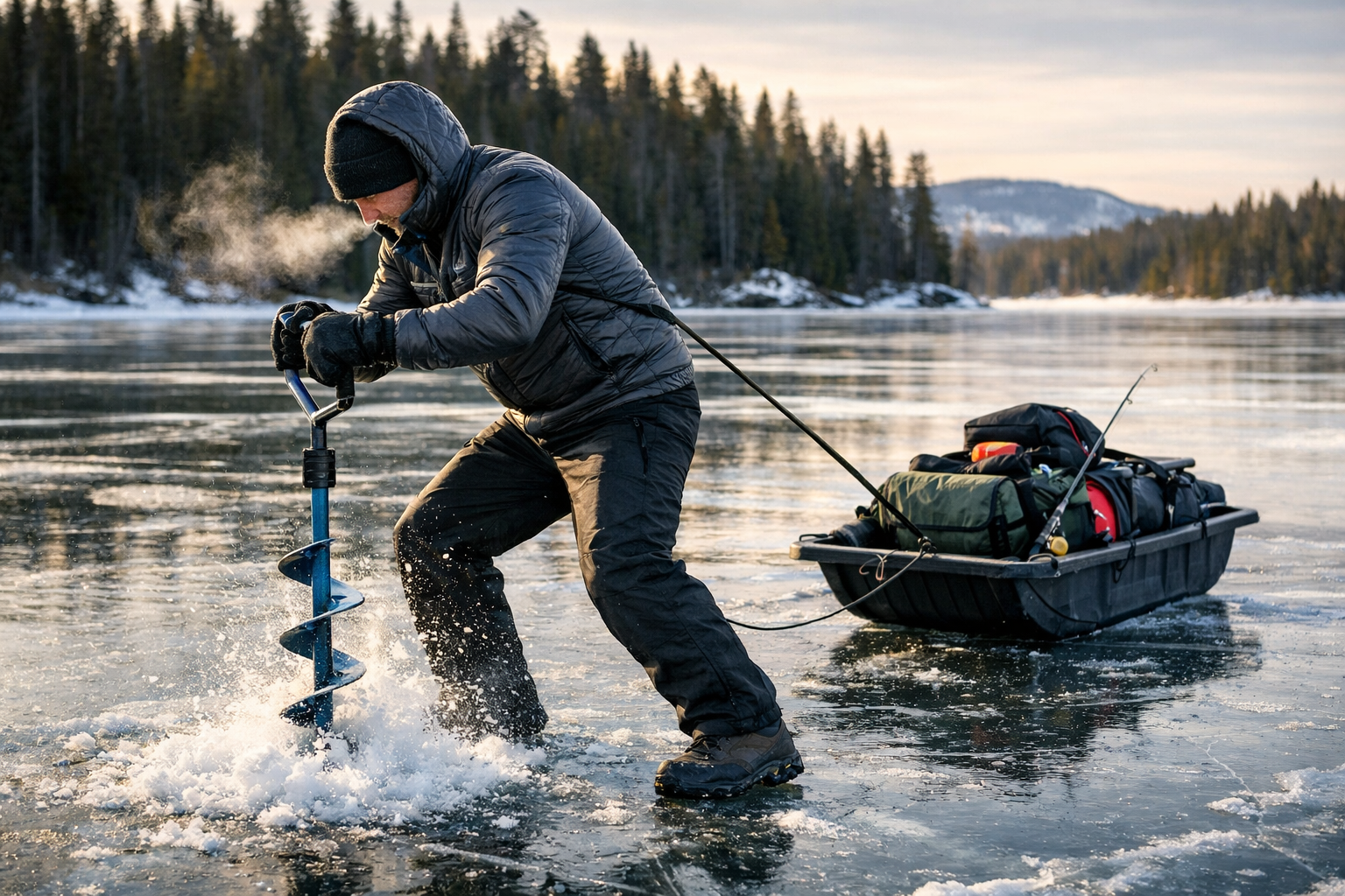 Detailed () showing an ice angler on a remote frozen lake wearing a compact packable jacket over base layers, pulling a sled