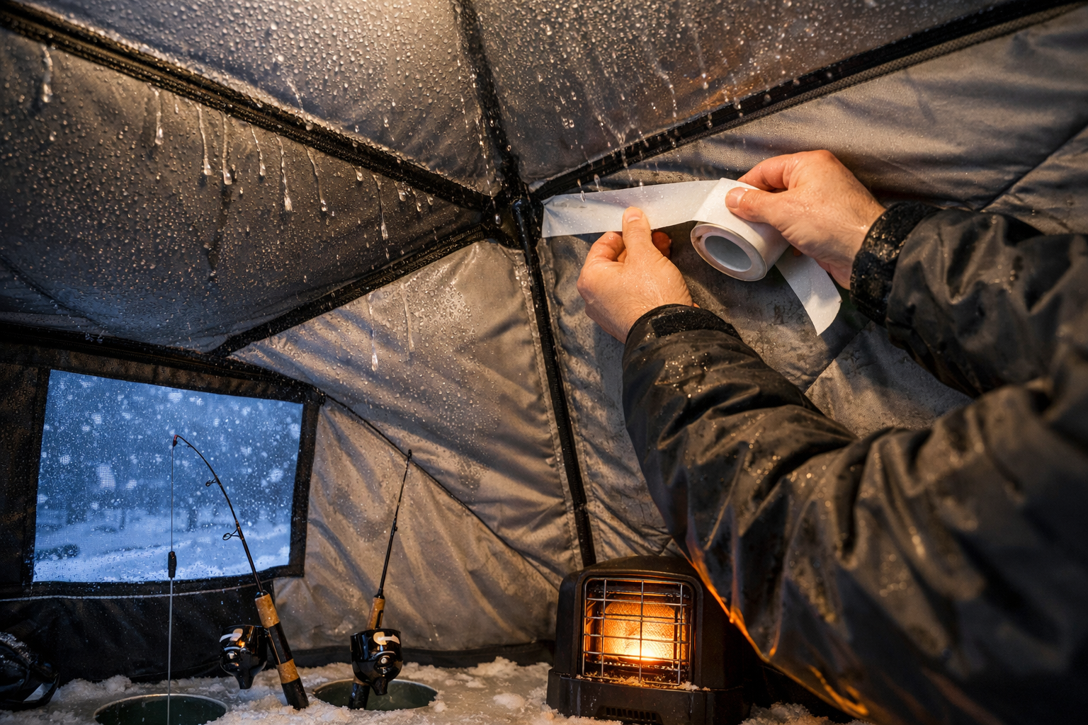 Detailed () showing an interior view looking up at the ceiling of a large ice fishing hub shelter during a wet snow event,