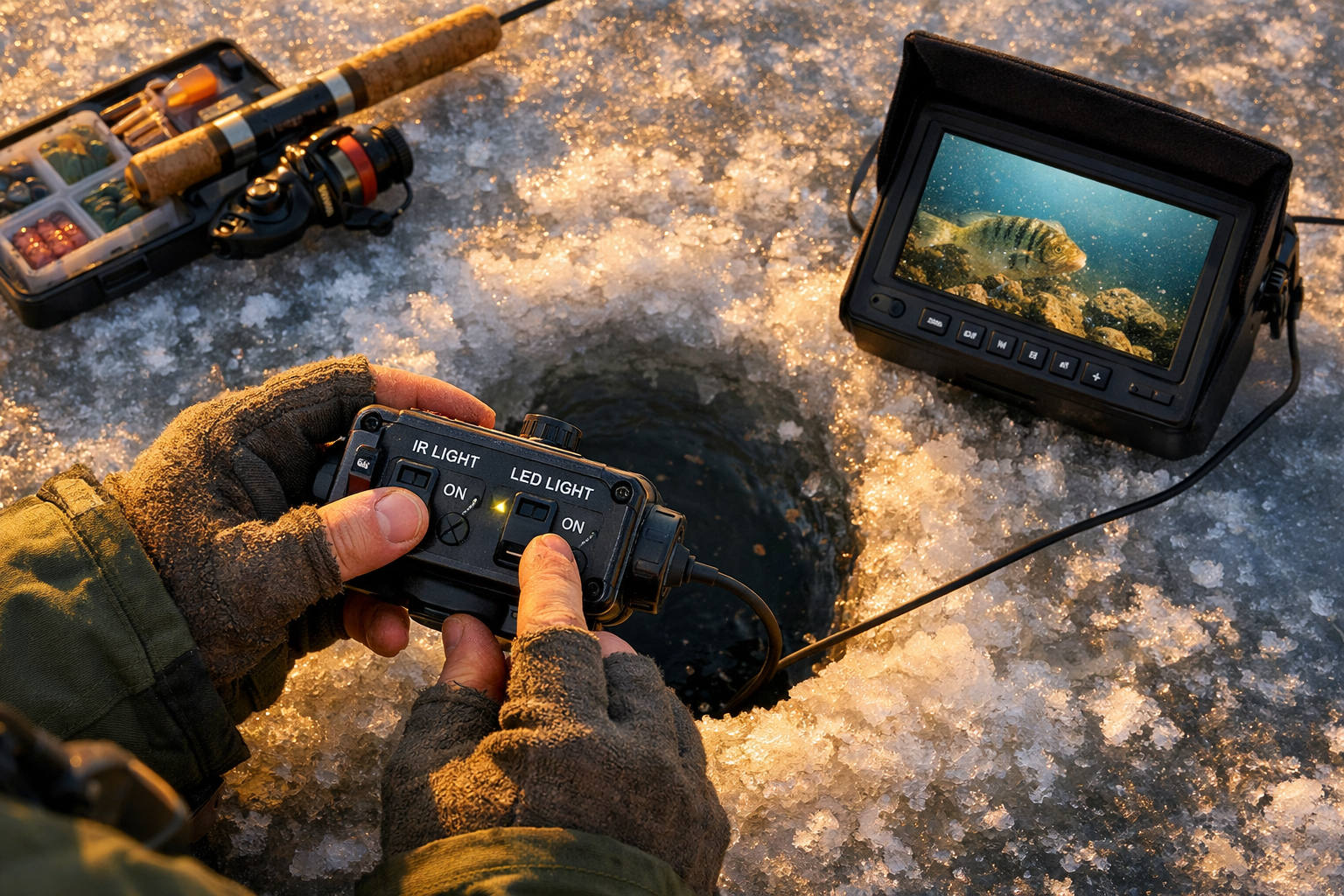 Detailed () showing an overhead view of an angler's hands adjusting an underwater fishing camera unit with visible LED and
