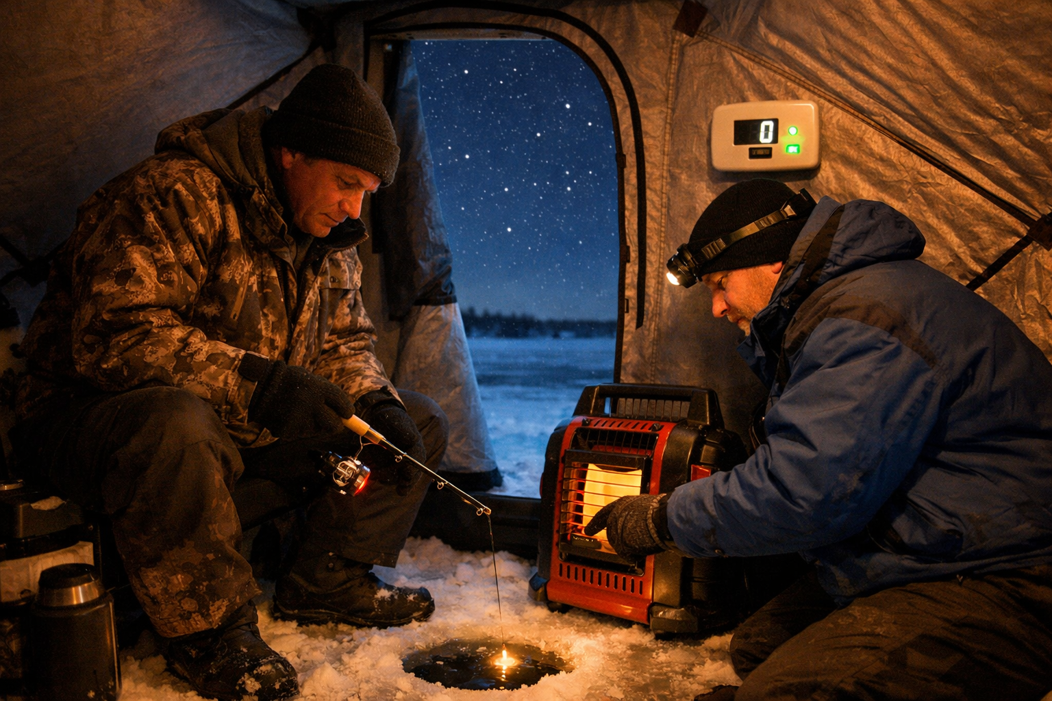 Detailed () showing two ice anglers inside a large illuminated hub shelter at night during a sub-zero ice fishing session.