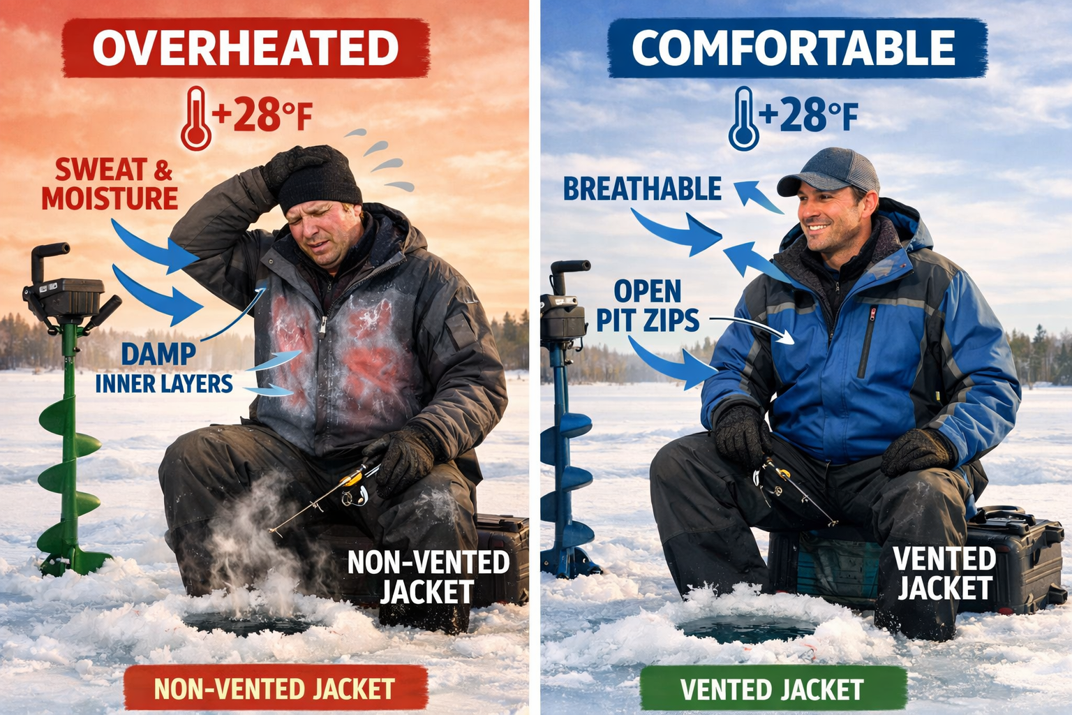 Detailed () split comparison image showing two ice fishing anglers side by side on a frozen lake, left angler wearing a
