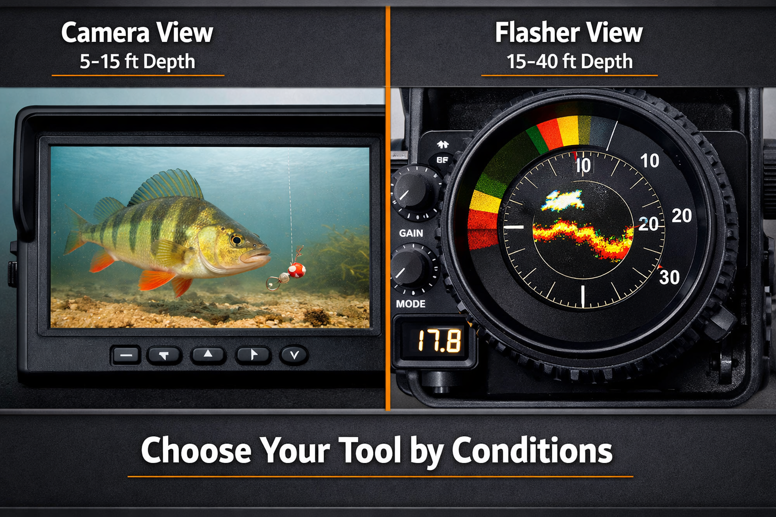 Detailed () split-screen comparison image. Left panel shows an underwater camera monitor displaying a clear HD feed of a