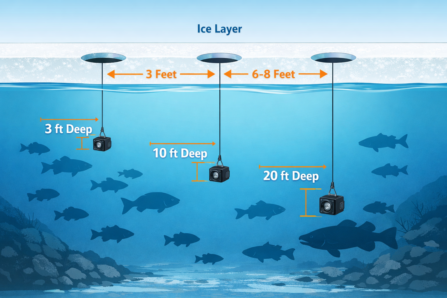 Detailed () technical diagram style image showing a cross-section view of ice with three drilled holes spaced 3 to 8 feet