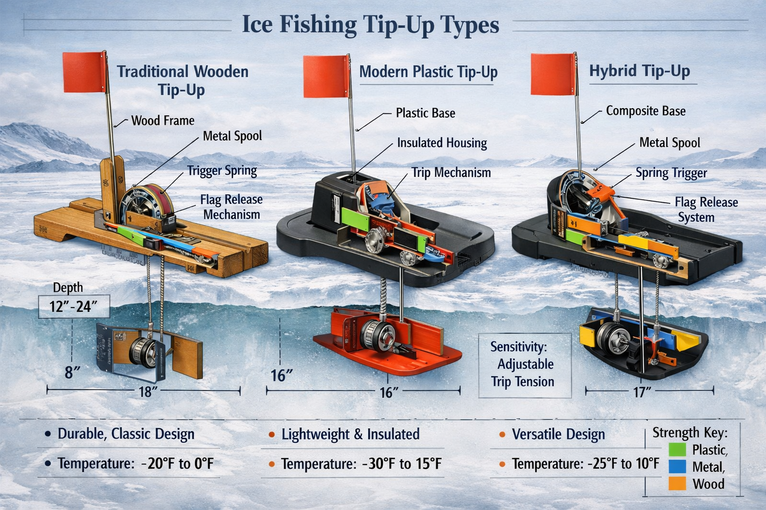 Detailed technical illustration showcasing different tip-up types for ice fishing: wooden traditional models, plastic modern