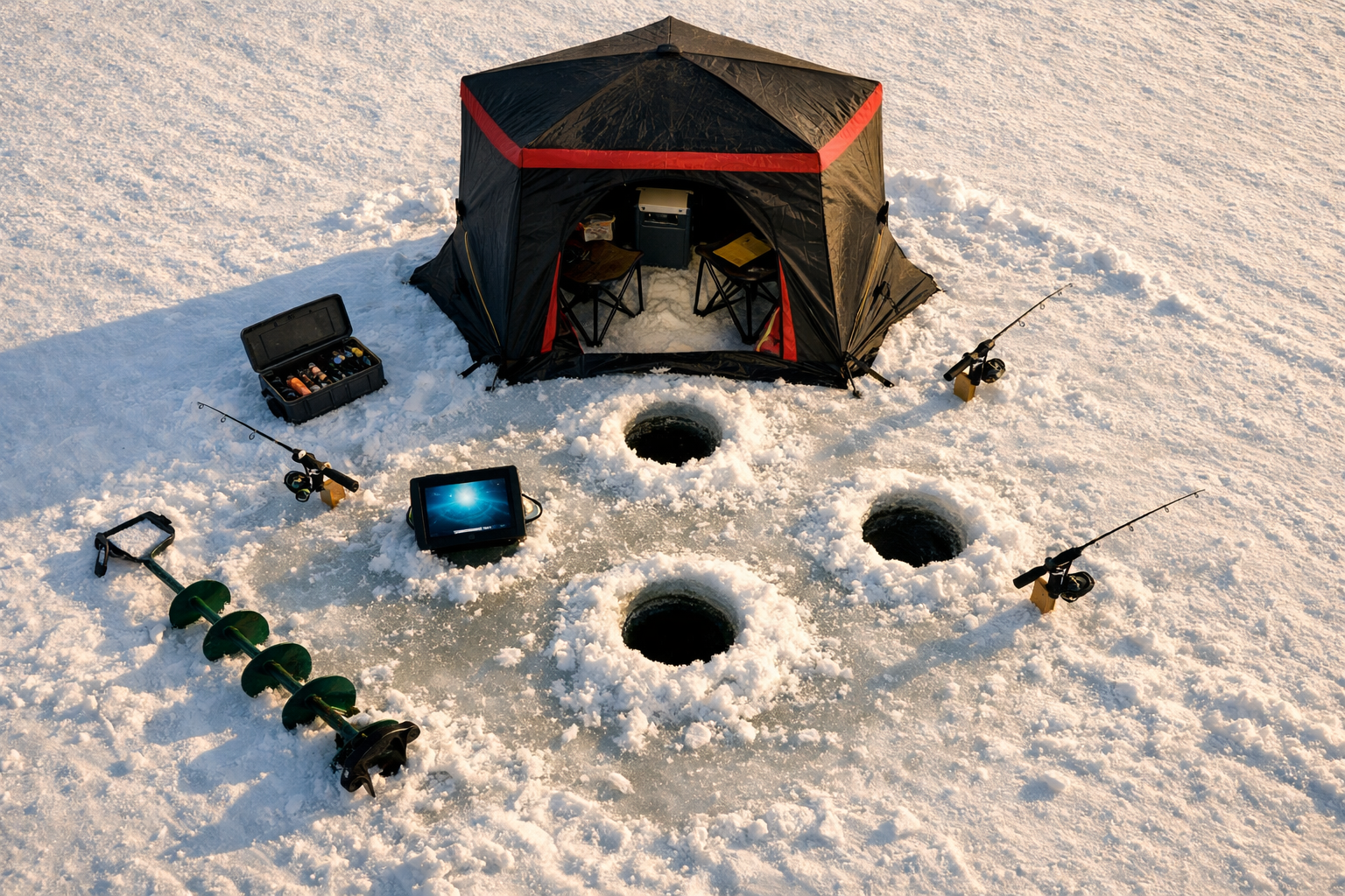 Detailed () top-down birds-eye view of an ice fishing setup showing a portable shelter with multiple holes drilled in a