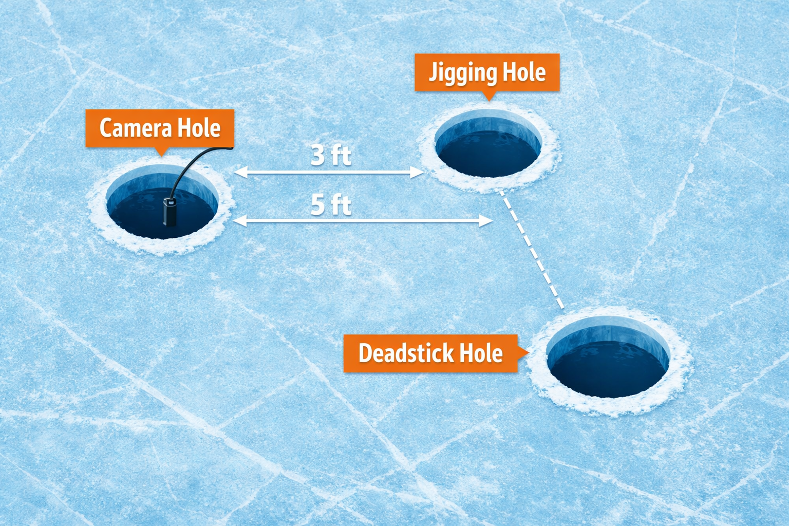 Detailed () top-down diagram illustration of ice fishing hole spacing strategy showing three drilled holes on a frozen lake