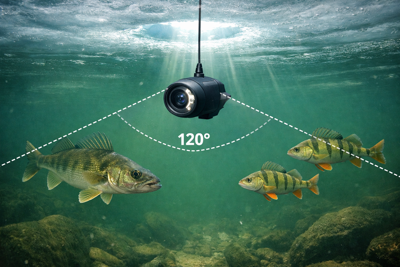 Detailed () underwater perspective image showing a single underwater fishing camera suspended at mid-depth in clear greenish