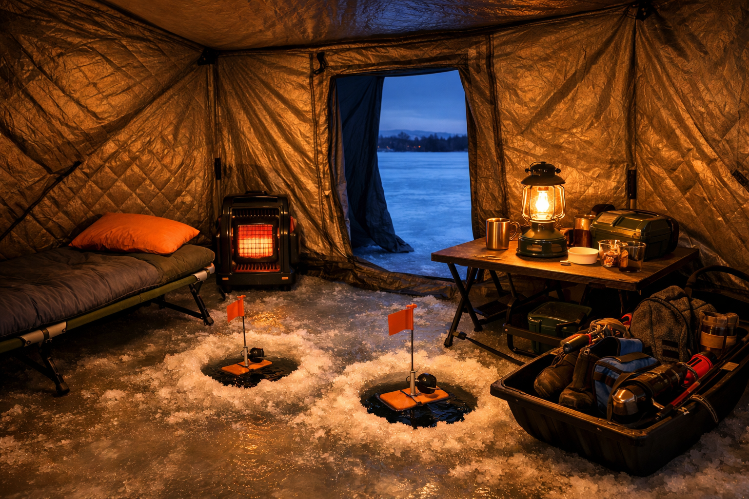 Detailed () wide-angle interior photograph of a large ice fishing hub shelter set up for an overnight walleye mission,