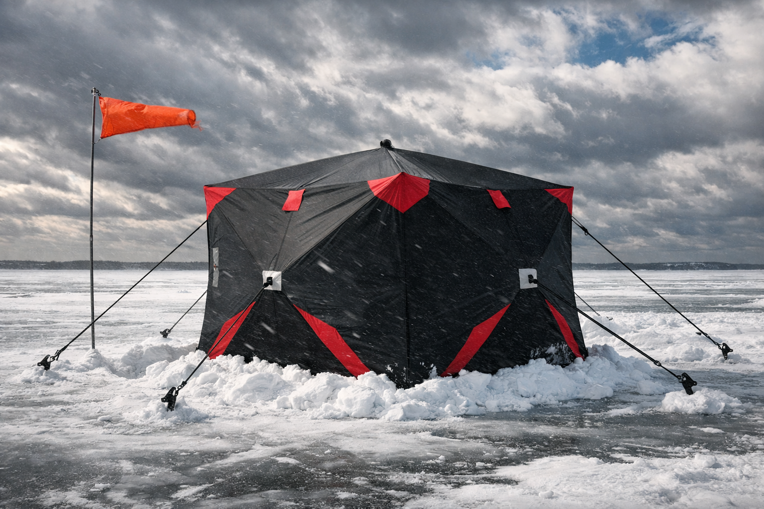 Detailed () wide angle photo of a large hub ice fishing shelter on an exposed frozen Great Lakes bay with visible wind sock