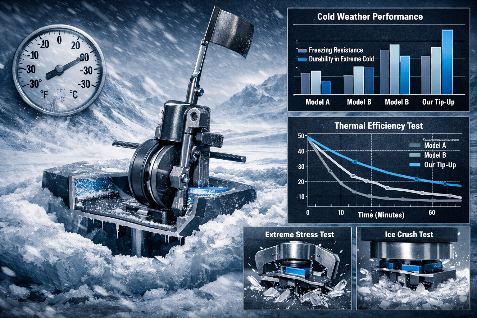 Extreme cold weather tip-up performance visualization, showing equipment durability under harsh arctic conditions. Dramatic