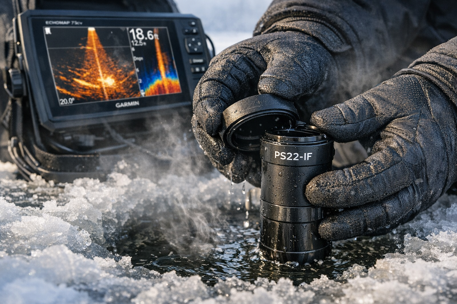 Ground-level close-up photograph of angler's gloved hands removing the PS22-IF lens cap to switch from Forward to Down mode,